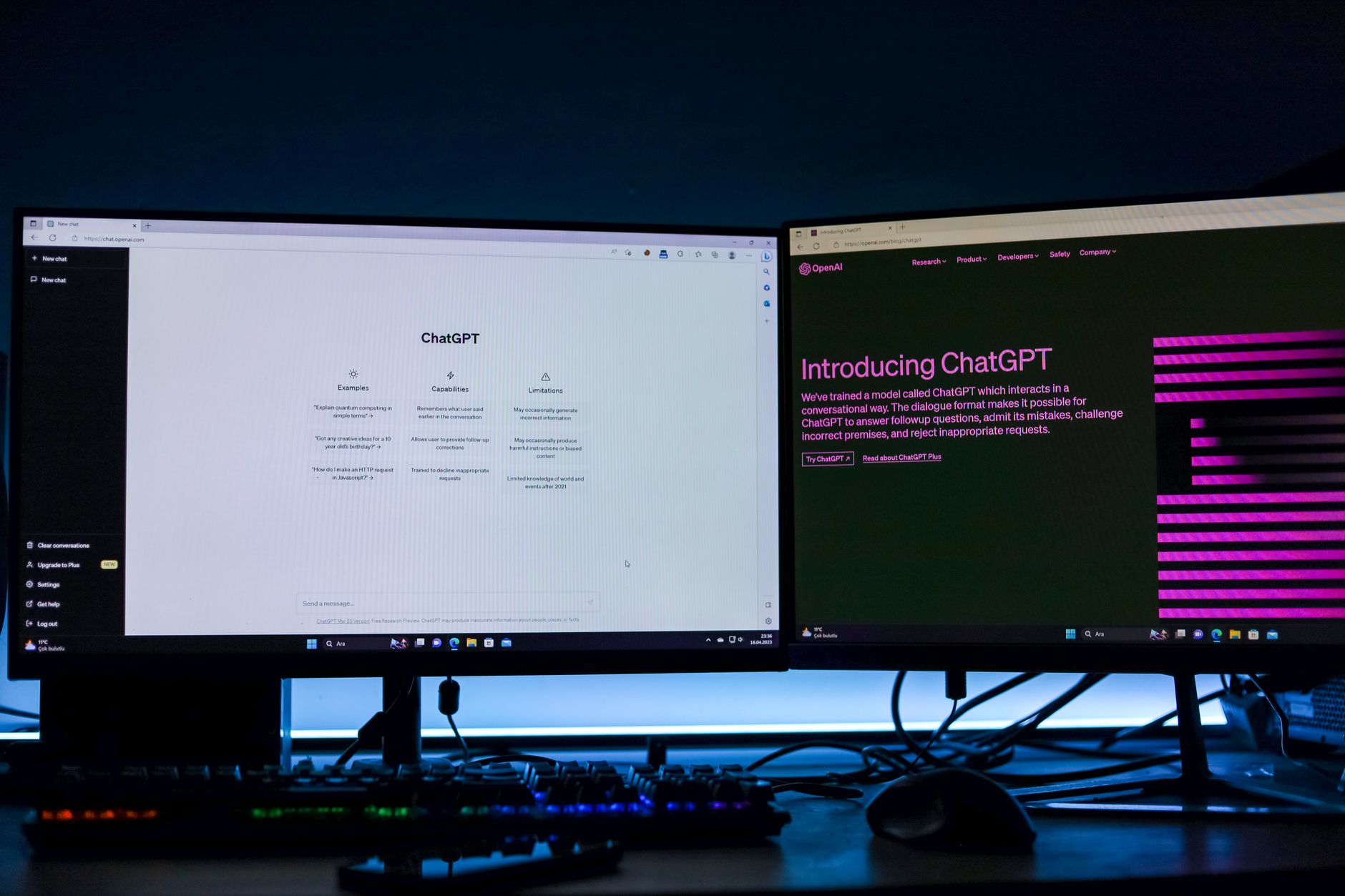 Person working with multiple AI chat windows on a large monitor